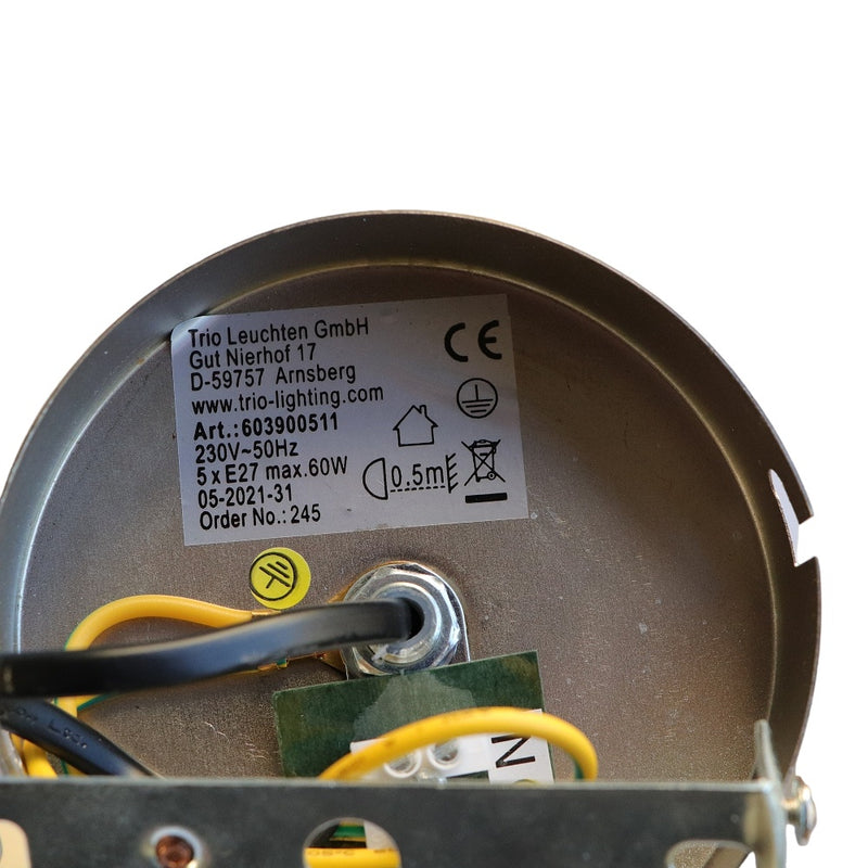 Trio Deckenleuchte Hotel Textilschirm Grau Nickel-Matt 5-flammig