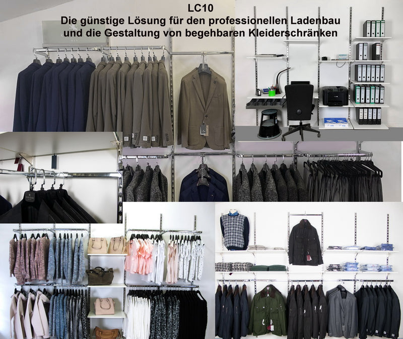 Wandregal Ladeneinrichtung Konfektionsrahmen Haken für Textilien chrom LC10 mit 120 cm Wandschienen