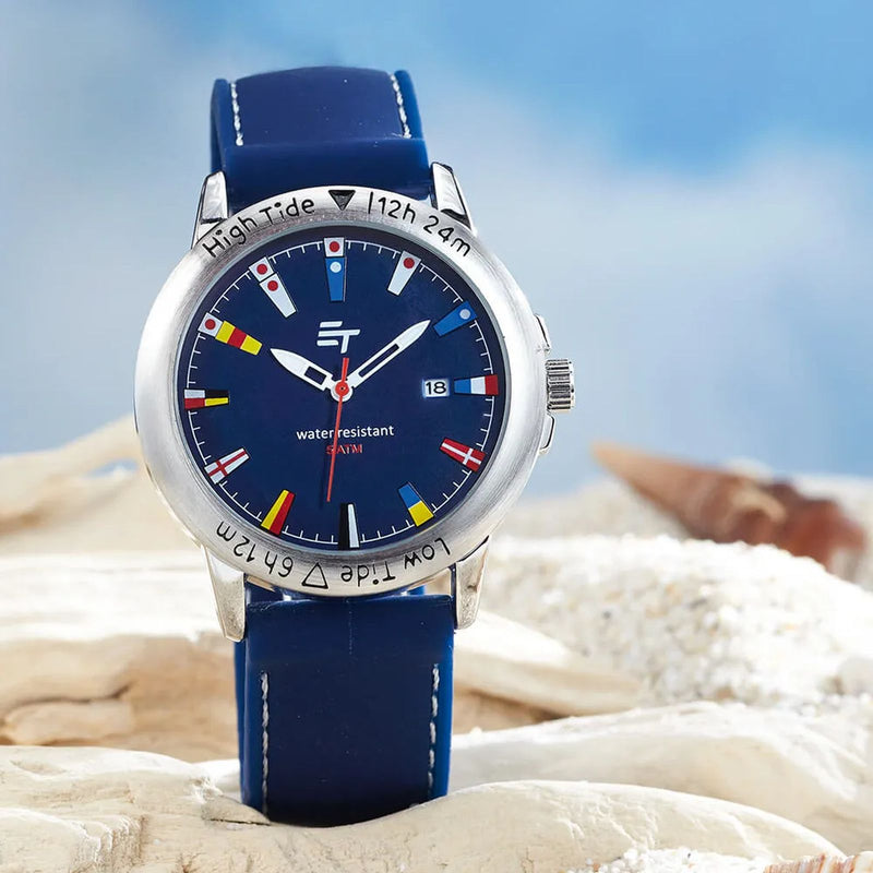 Armband Uhr "High Tide" Maritim Signalflaggen Ebbe Flut Tiden-Planer 5 ATU Quarz